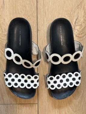 Sophia Webster Black and White Scalloped Circle Slide Sandals